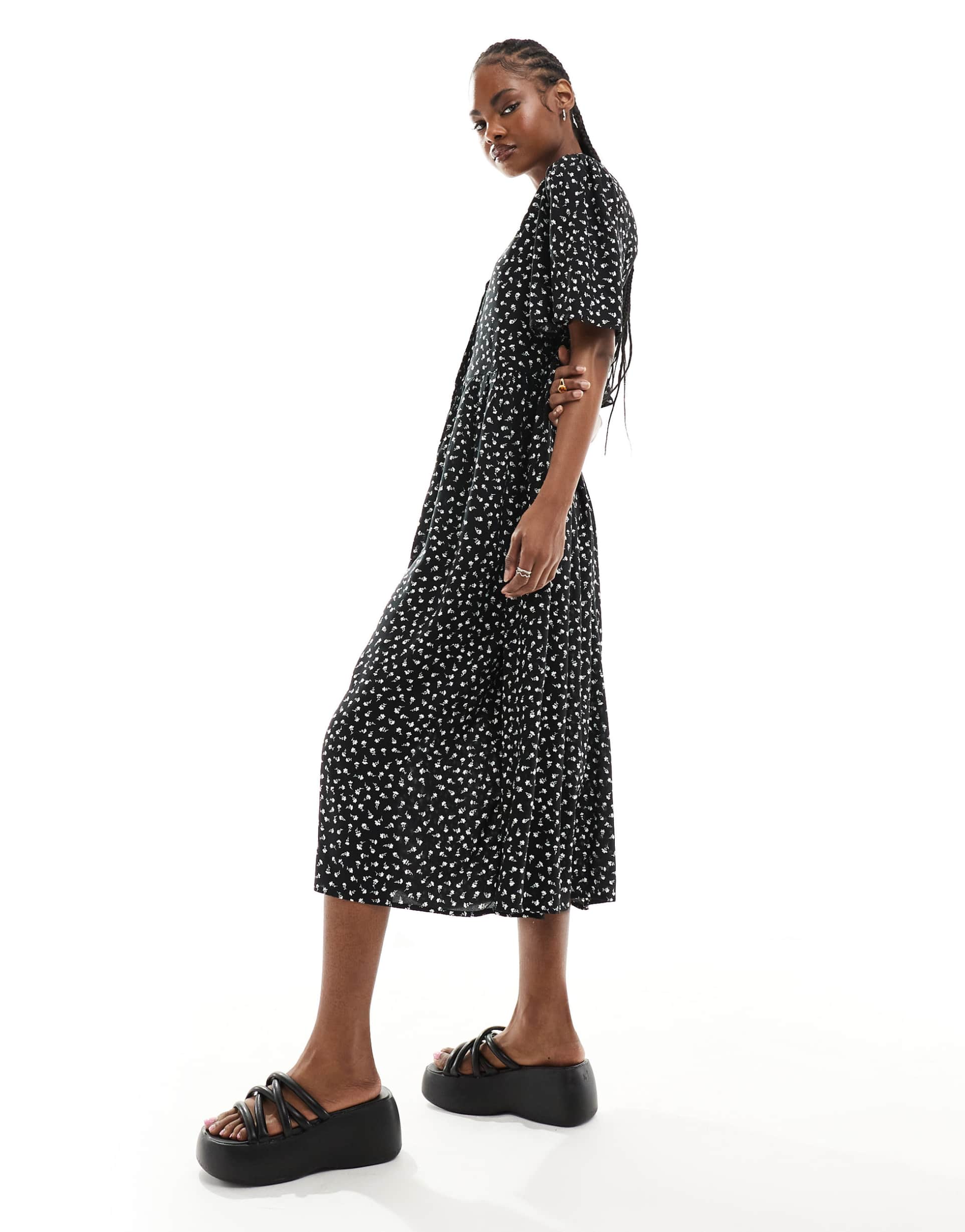 monki button up midi dress in black ditsy print exclusive to asos