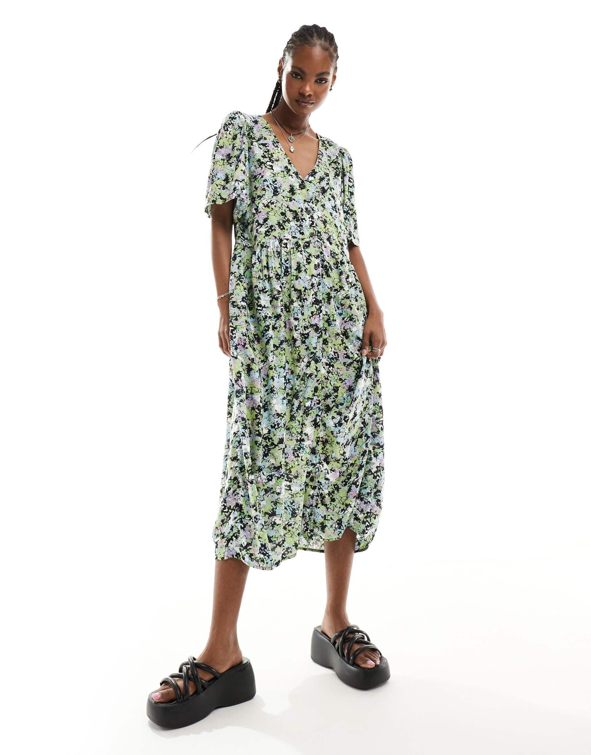 monki button up midi dress in floral print exclusive to asos