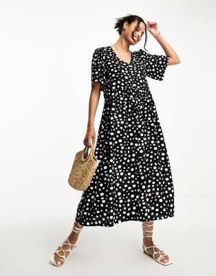 button up midi dress in monochrome spot print-Multi