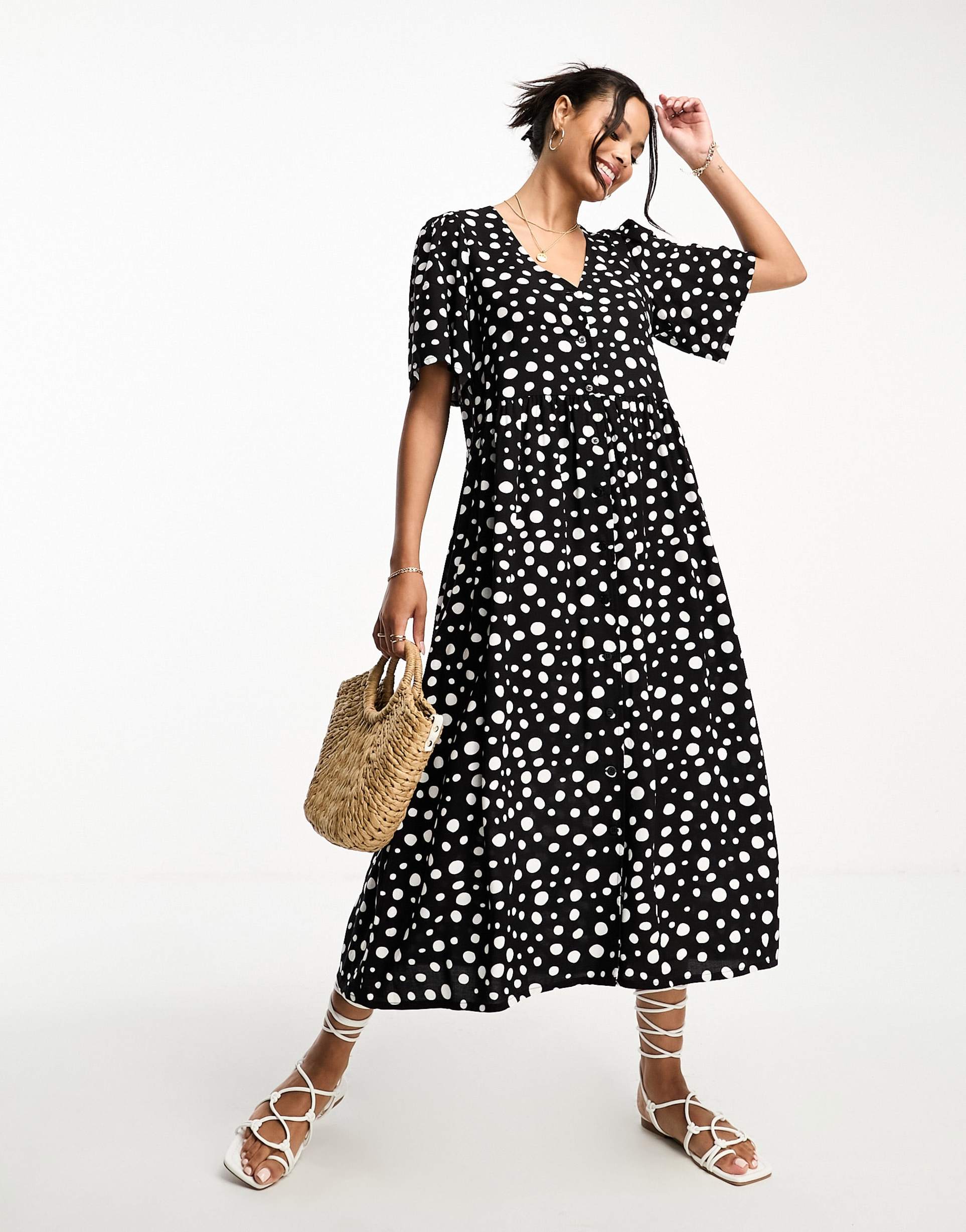 monki button up midi dress in monochrome spot print