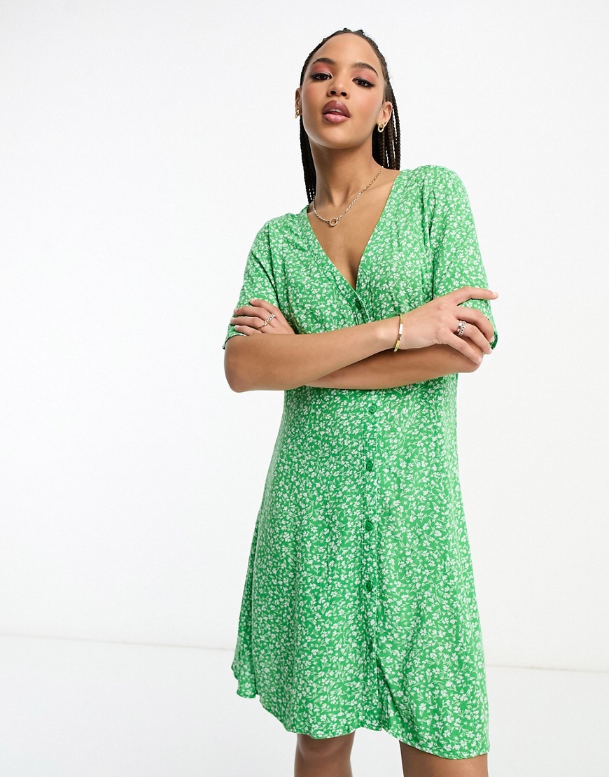 Monki Button Up Mini Dress In Green Meadow Floral-multi