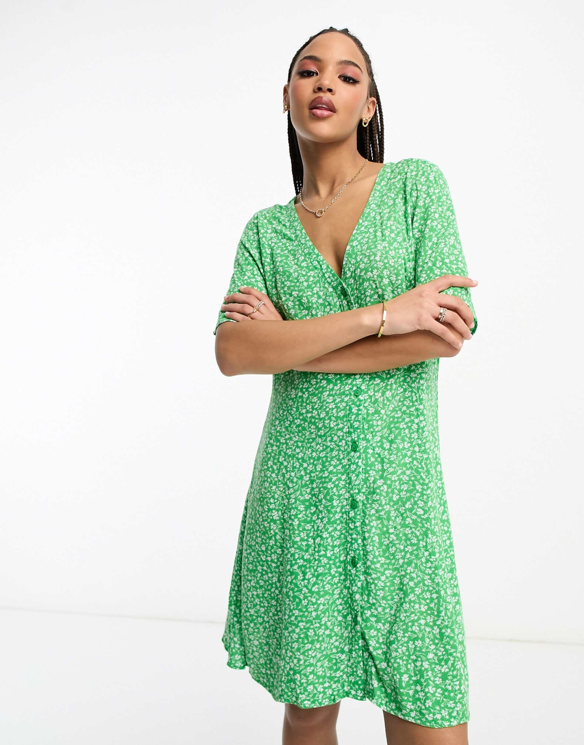 monki button up mini dress in green meadow floral