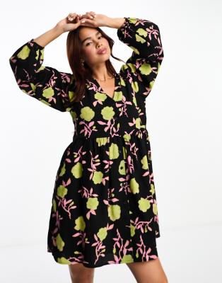 Monki Button Up Mini Dress With Puff Sleeves In Black Rose Print