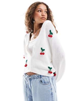 Monki Cable Knit Boxy Button Front Cardigan With 3d Cherries In White