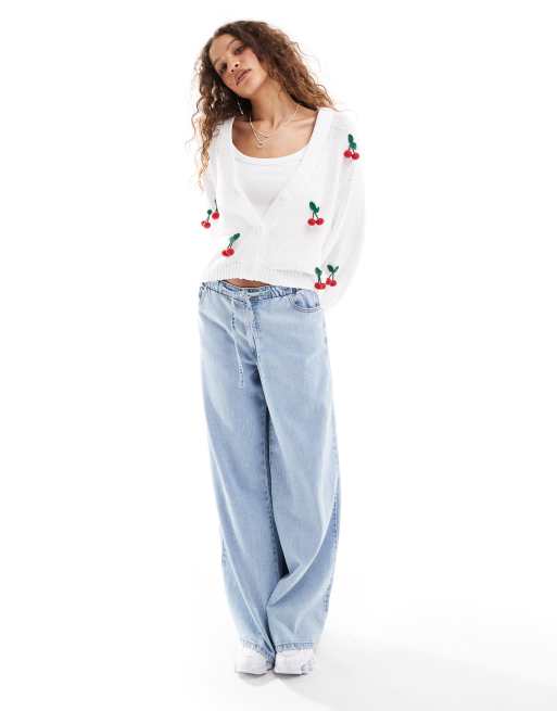 Monki cable knit boxy button front cardigan with 3D cherries in white