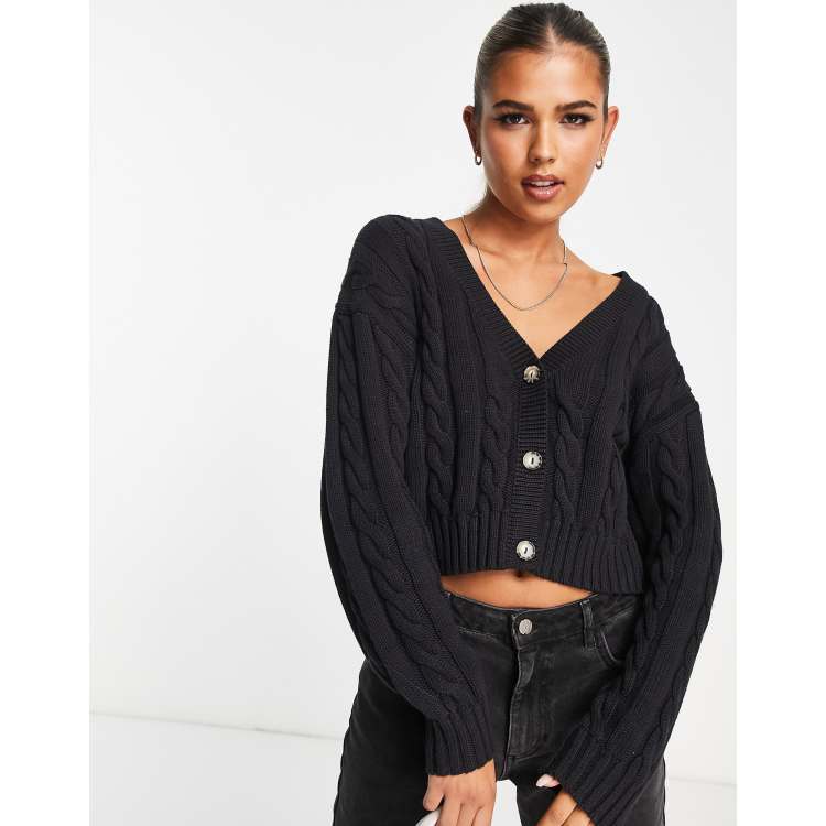 Long black cable outlet knit cardigan