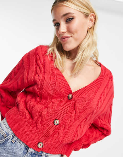 Red cable knit hot sale cardigan womens