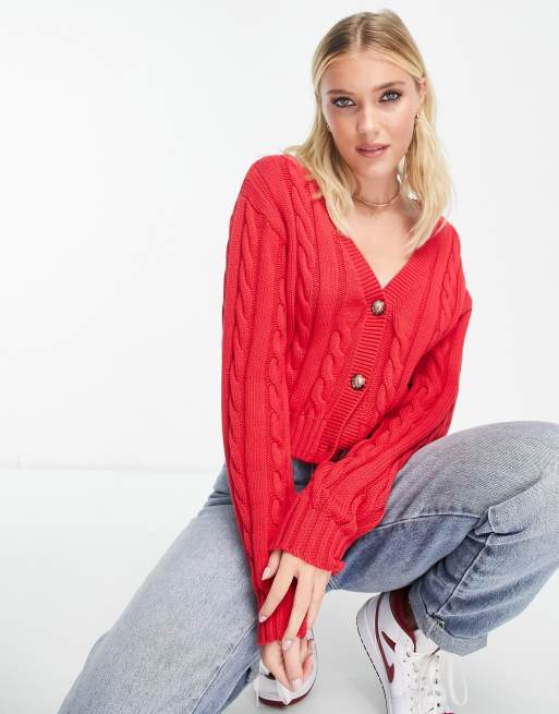 Red cable knit cardigan sale