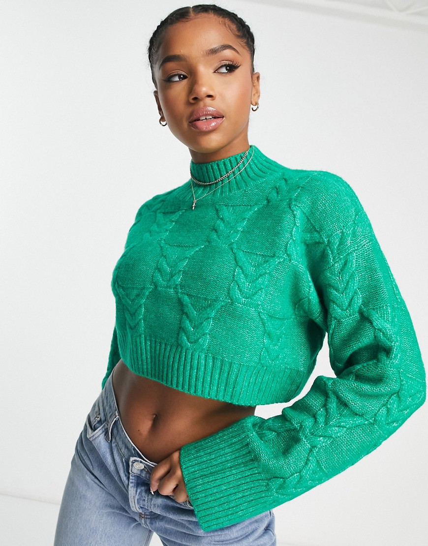 Monki cable knit cropped high neck sweater in green