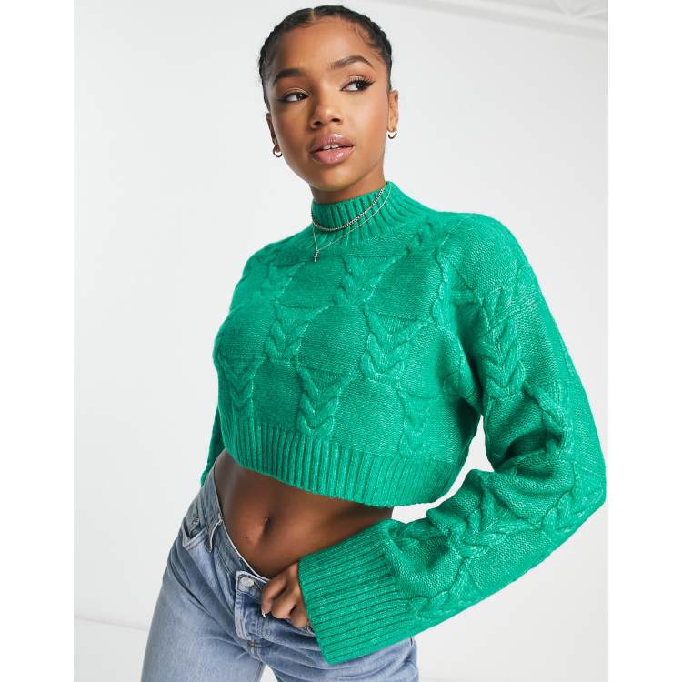 Monki cable knit cropped high neck sweater in green