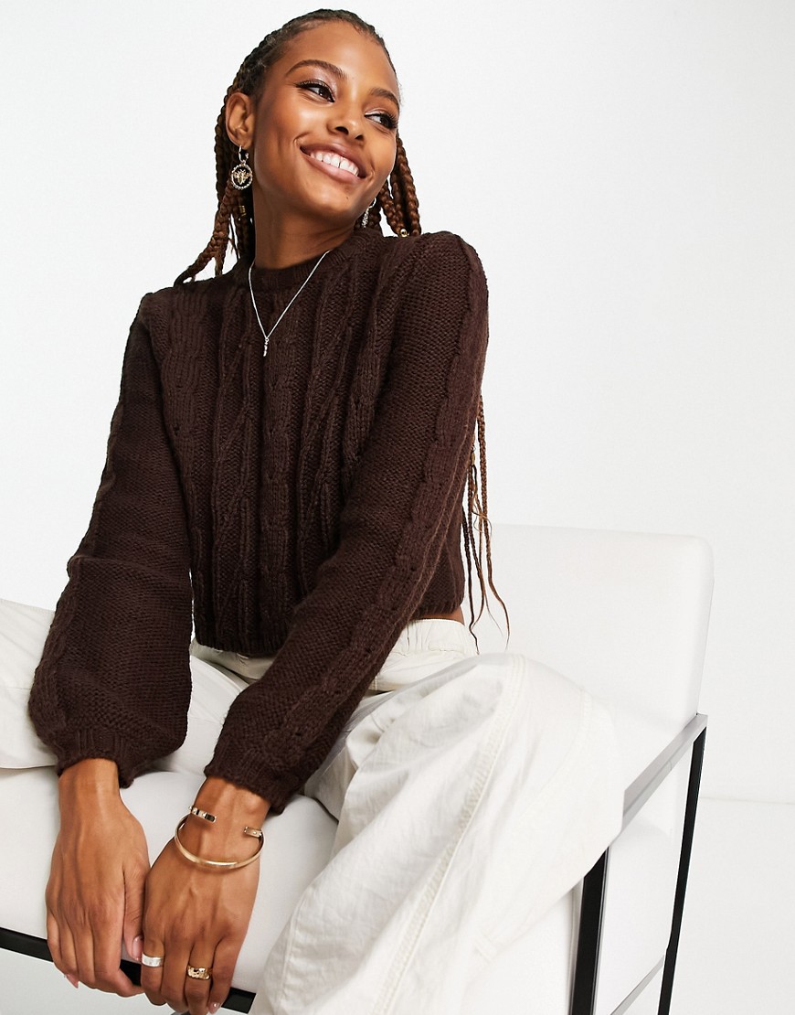 Monki Cable Knit Cropped Jumper In Brown