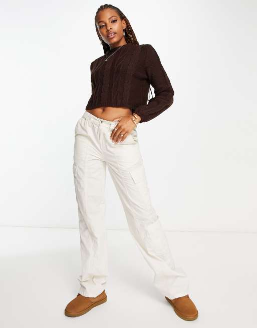 Monki cable knit cropped sweater in brown | ASOS
