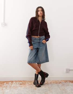 Monki Cable Knit Hooded Cardigan With Double Zip Detail In Red