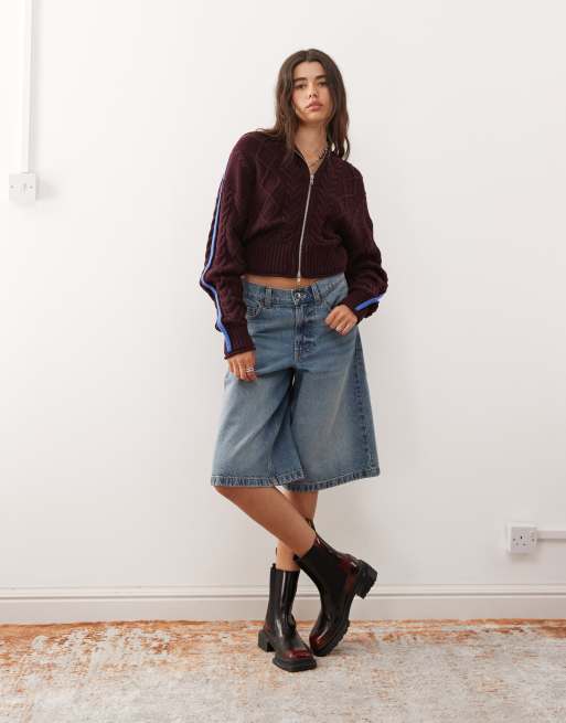 Monki cable knit hooded cardigan with double zip detail in burgundy and blue
