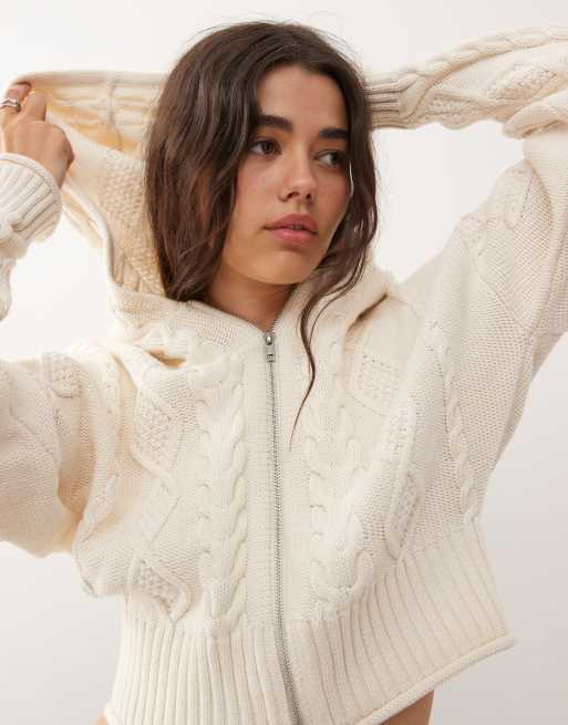 Monki cable knit hooded cardigan with double zip detail in off white
