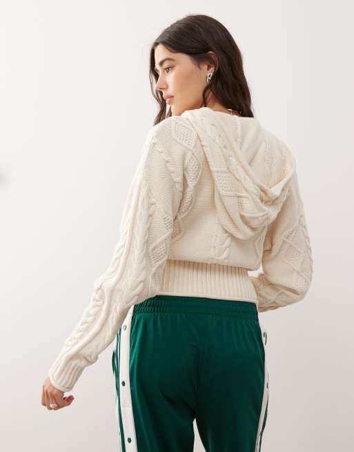 Monki cable knit hooded cardigan with double zip detail in off white