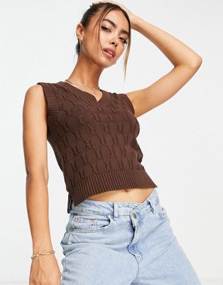 Monki cable knit sweater vest in brown