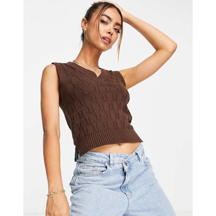 XFLWAM Women's Cable Knit Crop Sweater Vest Sleeveless Crew Neck Knitwear  Tank Tops Brown M 