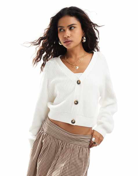 Monki cable rib knitted cardigan in white - view 1