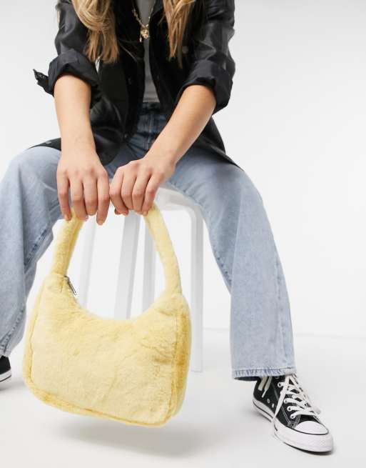 Monki Cady faux fur shoulder bag in yellow | ASOS