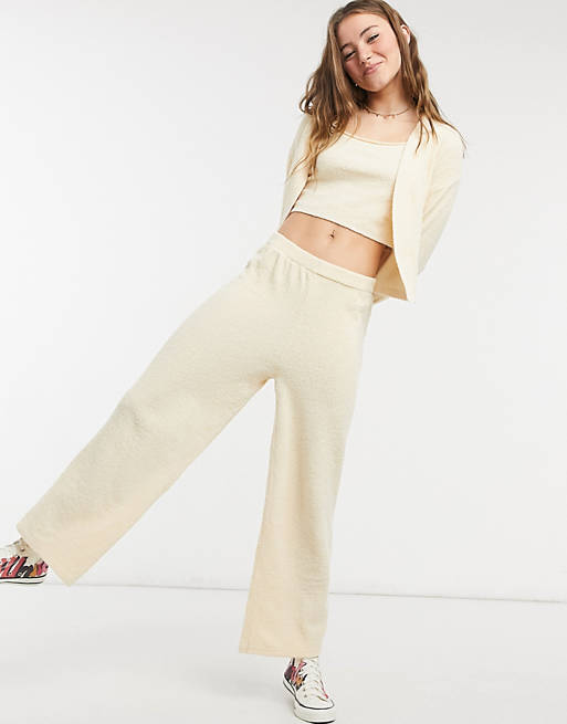 Monki Calah fluffy knitted wide leg trousers in beige 3 piece co-ord