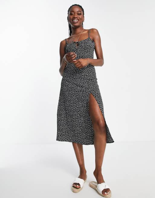 Monki cami midi dress with side split in black ditsy floral