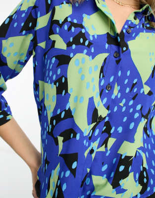 Camicia a maniche corte blu e verde con stampa-Multicolore - Monki Camicia donna  - immagine2