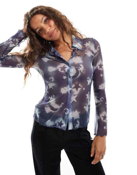 Monki - Camicia a maniche lunghe trasparente blu con stampa animalier e colletto - view 1