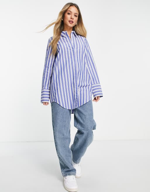 Monki - Camicia in popeline di cotone a righe blu e bianca