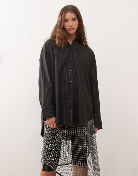 Monki - Camicia oversize a righe grigio metallizzato con maniche lunghe - view 1