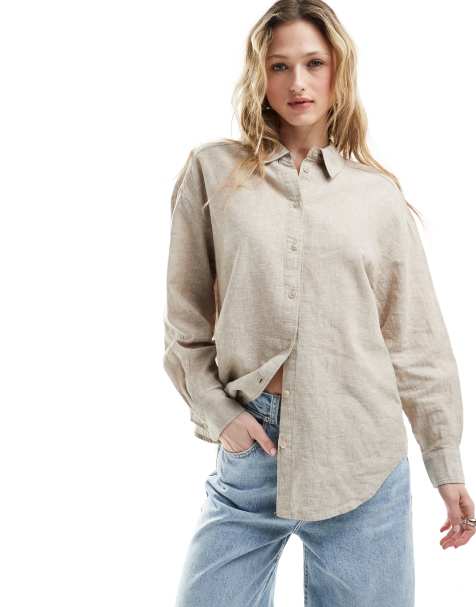 Monki - Camicia oversize beige in misto lino - view 1