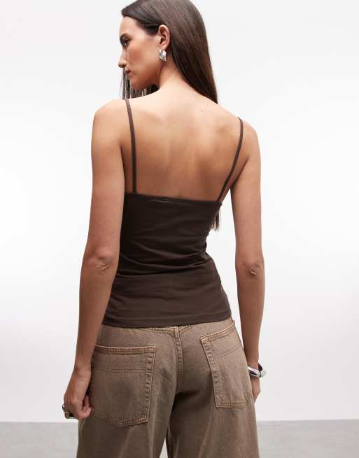 Monki - Canotta marrone scuro con spalline dritte, 4 di 4