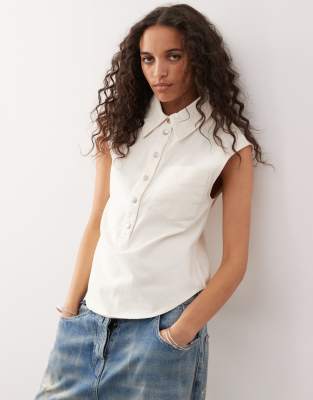 Monki Cap Sleeve Slim Shirt With Curved Hem Detail