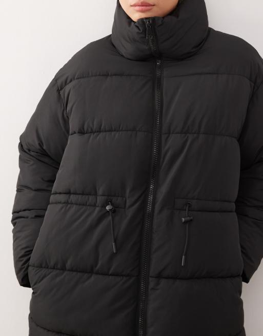 Monki - Cappotto imbottito nero con vita con coulisse, 3 di 4