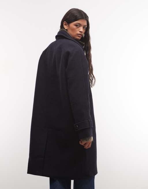 Monki cappotto in misto lana con collo a imbuto blu navy, 4 di 4