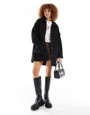 Monki - Cappotto spazzolato nero taglio lungo