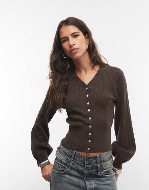 Monki cardigan aderente compatto in marrone cioccolato - view 1