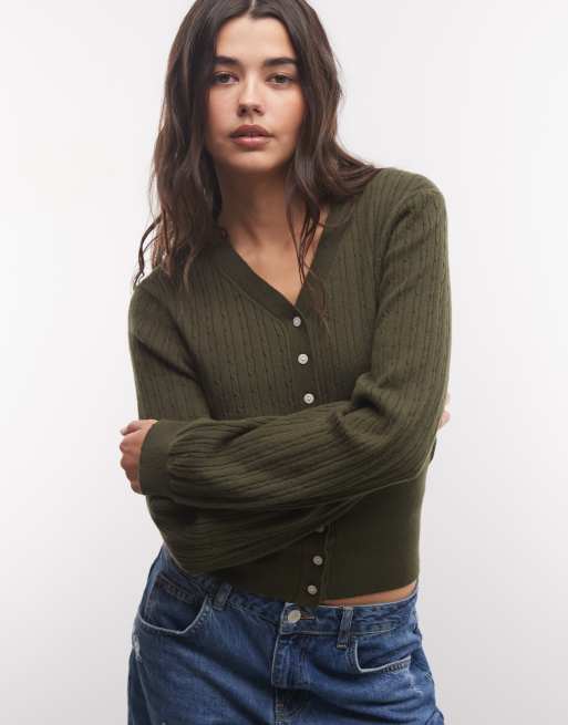 Monki cardigan aderente con vita stretta color khaki, 3 di 4