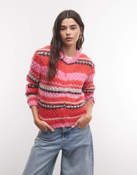 Monki Cardigan aus strukturiertem Strick in Rot und Rosa mit Streifenmix - view 1