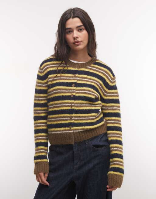 Monki cardigan compatto con bottoni davanti a righe oliva e blu navy, 3 di 4
