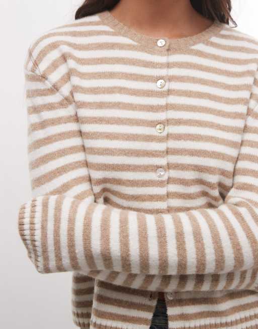 Monki - cárdigan de punto compacto a rayas beige y crema, 3 de 4