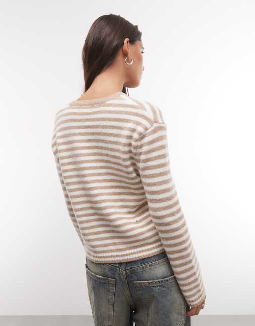 Monki - cárdigan de punto compacto a rayas beige y crema, 4 de 4