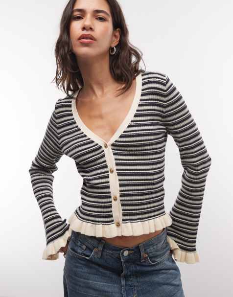 Monki cardigan esclusivo con maniche svasate e volant a righe navy e teal - view 1