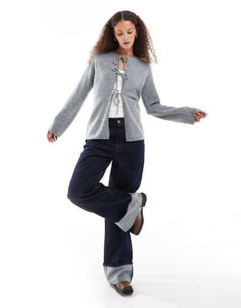 Monki - Cardigan grigio mélange in maglia con fiocchi allacciati - view 1