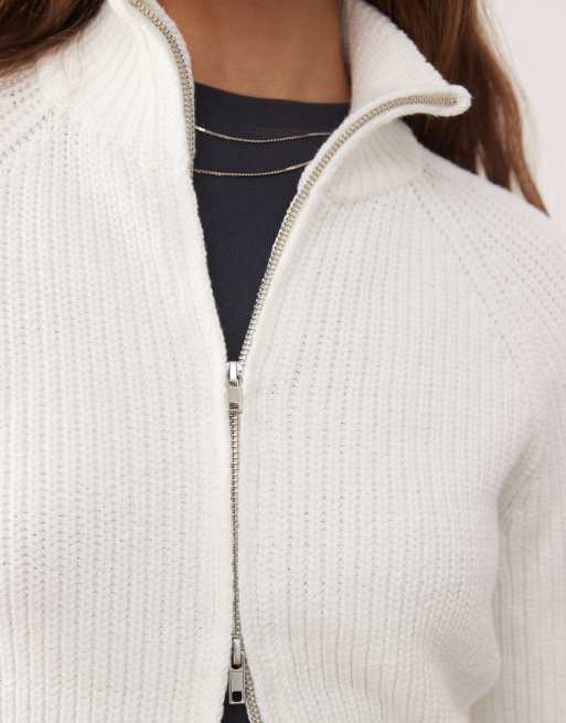 Monki - Cardigan in maglia a coste color écru con zip bidirezionale, 2 di 4