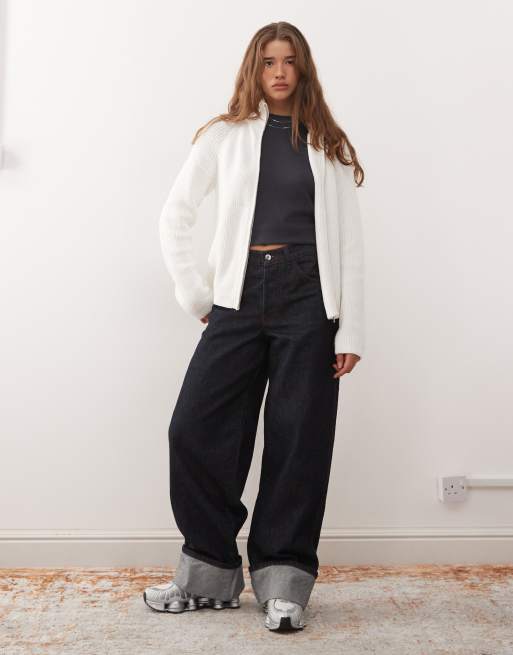 Monki - Cardigan in maglia a coste color écru con zip bidirezionale, 4 di 4
