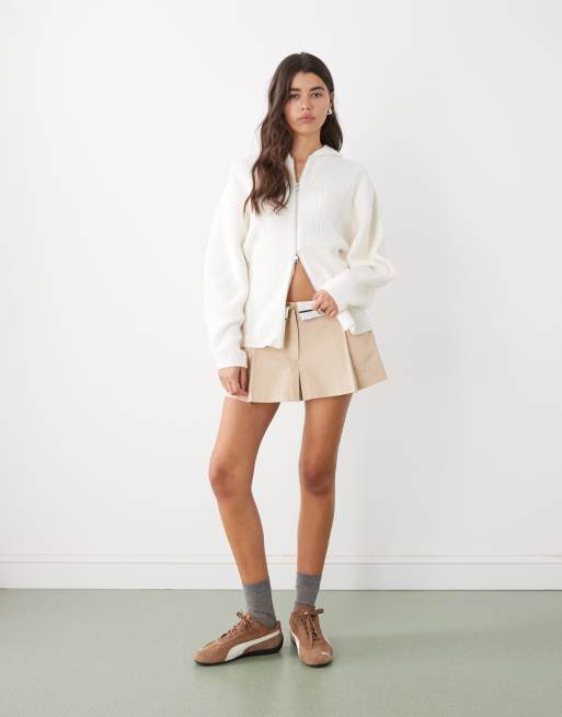 Monki - Cardigan in maglia a coste color grigio tenue con zip bidirezionale, 2 di 4