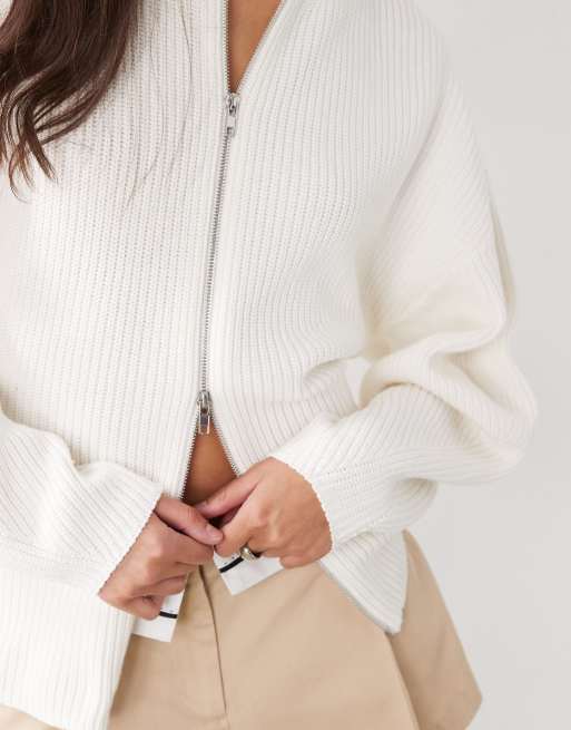 Monki - Cardigan in maglia a coste color grigio tenue con zip bidirezionale, 3 di 4