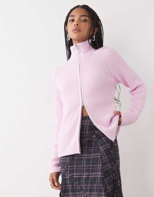 Monki - Cardigan in maglia a coste color rosa polvere con zip bidirezionale