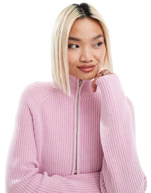 Monki - Cardigan in maglia a coste rosa lavaggio acido con zip bidirezionale